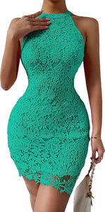 Italian Lace Crochet Green Halter Sleeveless Mini Dress