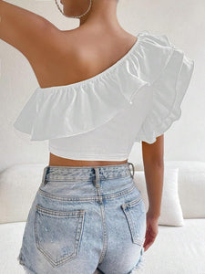 Elegant White Ruffled One Shoulder Top