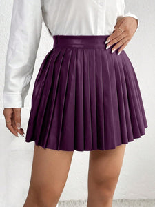 High Waist Faux Leather Beige Pleated Mini Skirt