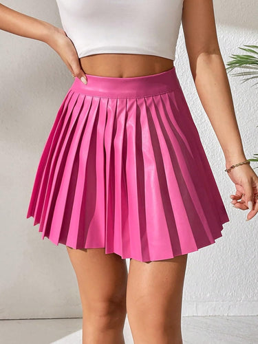 High Waist Faux Leather Pink Pleated Mini Skirt