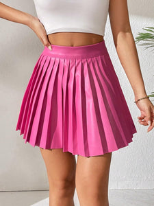 High Waist Faux Leather Beige Pleated Mini Skirt