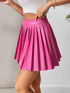 High Waist Faux Leather Brown Pleated Mini Skirt