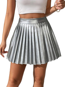 High Waist Faux Leather White Pleated Mini Skirt