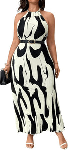 Plus Size Beige Halter Geisha Print Sleeveless Maxi Dress