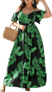 Plus Size Black/Green Floral Cut Out Shoulder Maxi Dress