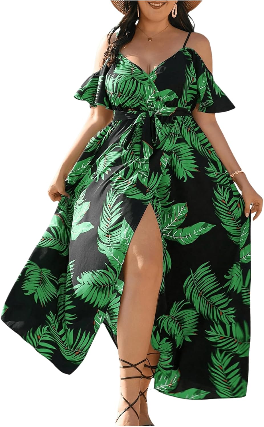 Plus Size Black/Green Floral Cut Out Shoulder Maxi Dress