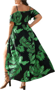 Plus Size Black/Green Floral Cut Out Shoulder Maxi Dress