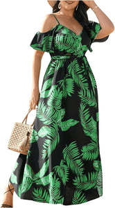 Plus Size Black/Green Floral Cut Out Shoulder Maxi Dress