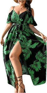 Plus Size Black/Green Floral Cut Out Shoulder Maxi Dress