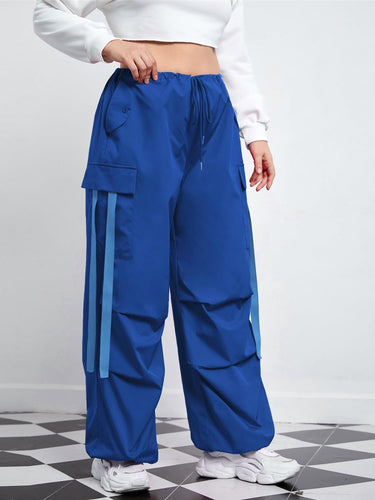 Plus Size Blue Cargo Style Baggy Drawstring Pants