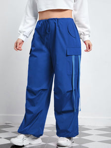 Plus Size Blue Cargo Style Baggy Drawstring Pants