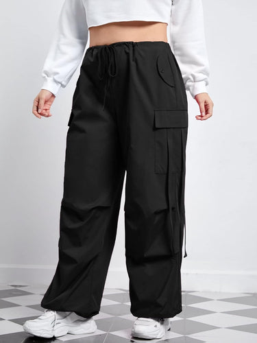 Plus Size Black Cargo Style Baggy Drawstring Pants