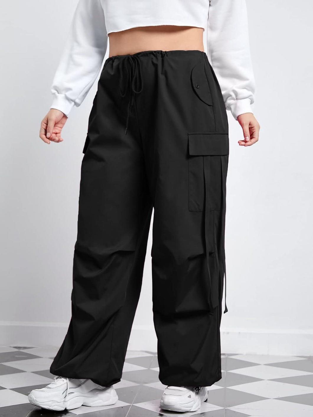 Plus Size Black Cargo Style Baggy Drawstring Pants