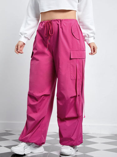 Plus Size Pink Cargo Style Baggy Drawstring Pants