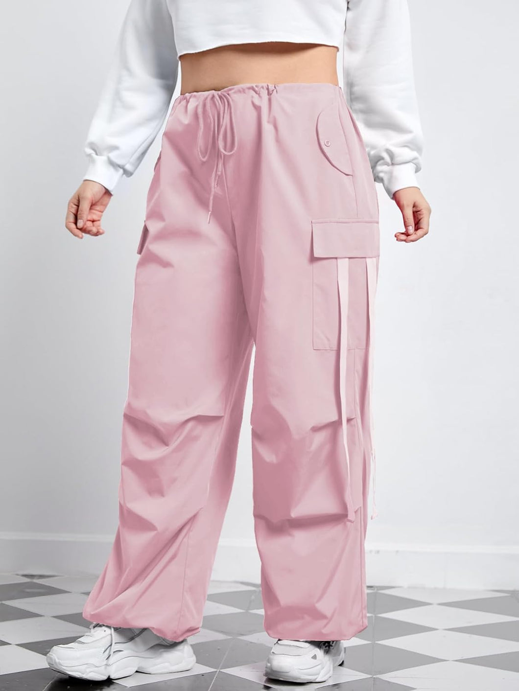Plus Size Light Pink Cargo Style Baggy Drawstring Pants