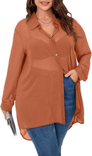 Load image into Gallery viewer, Plus Size Long Sleeve Sheer Blue Button Top Blouse
