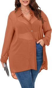 Plus Size Long Sleeve Sheer Blue Button Top Blouse