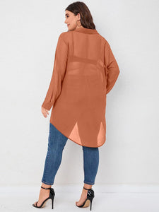 Plus Size Long Sleeve Sheer Rust Orange Button Top Blouse