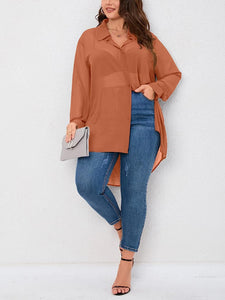 Plus Size Long Sleeve Sheer Blue Button Top Blouse
