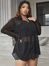 Load image into Gallery viewer, Plus Size Long Sleeve Sheer Black Button Top Blouse