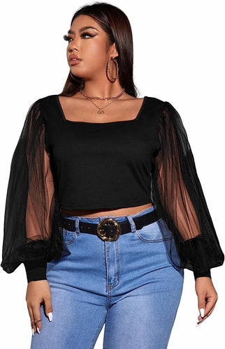 Plus Size Black Mesh Long Sleeve Top Blouse