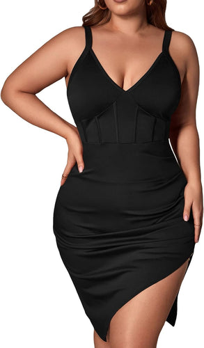 Plus Size Black Asymetrical Hem Sleeveless Midi Dress