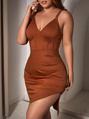 Plus Size Brown Asymetrical Hem Sleeveless Midi Dress