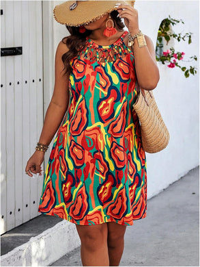 Plus Size Orange Mosaic Halter Sleeveless Mini Dress