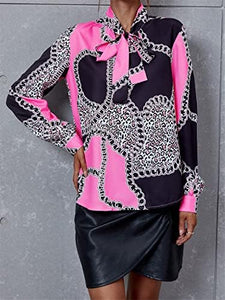 Printed Bow Tied Neck Black Pink Blouse