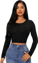 Load image into Gallery viewer, Black Long Sleeve Scoop Neck Crop Top