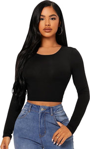 Black Long Sleeve Scoop Neck Crop Top