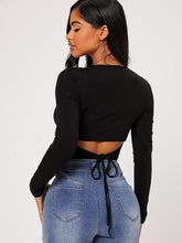 Load image into Gallery viewer, Black Long Sleeve Scoop Neck Crop Top