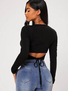 Black Long Sleeve Scoop Neck Crop Top