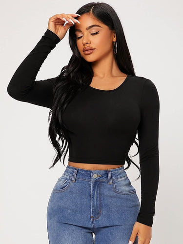 Black Long Sleeve Scoop Neck Crop Top