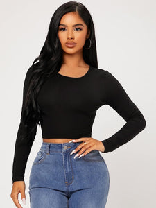 Black Long Sleeve Scoop Neck Crop Top