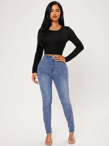 Black Long Sleeve Scoop Neck Crop Top