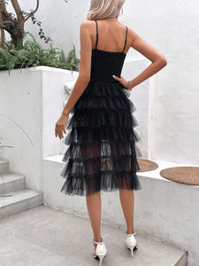 Black Tiered Ruffle Mesh Cocktail Party Dress