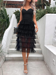 Black Tiered Ruffle Mesh Cocktail Party Dress