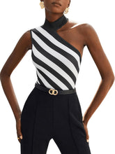 Load image into Gallery viewer, Black &amp; White One Shoulder Asymmetrical Bodysuit