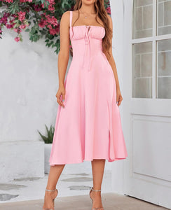 Katelyn Ruched Pink Floral Sleeveless Midi Dress