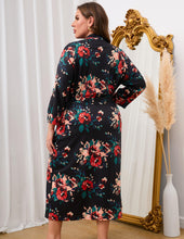 Load image into Gallery viewer, Floral Print Black Plus Size Soft Knit Kimono Robe