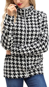 Black & White Houndstooth Long Sleeve Full Zip Soft Warm Fleece Jacket