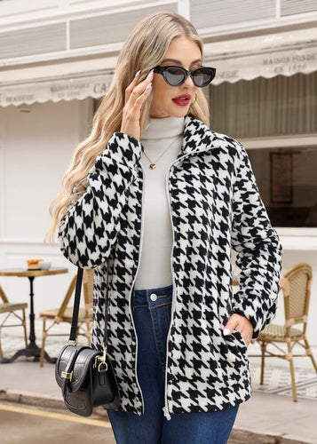 Black & White Houndstooth Long Sleeve Full Zip Soft Warm Fleece Jacket