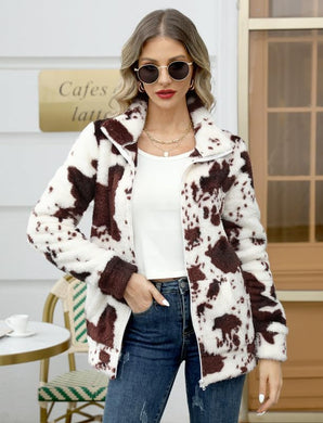 Cow Print Long Sleeve Full Zip Soft Warm Fleece Jacket