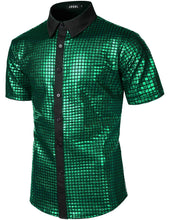 Load image into Gallery viewer, Men&#39;s Green Metallic Sequin Shiny Short Sleeve Shirt