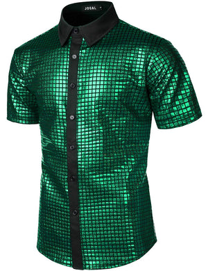 Men's Green Metallic Sequin Shiny Short Sleeve Shirt