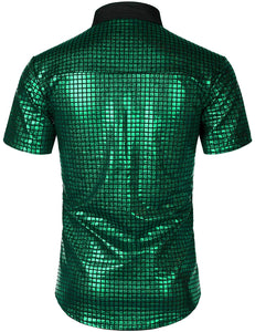 Men's Green Metallic Sequin Shiny Short Sleeve Shirt