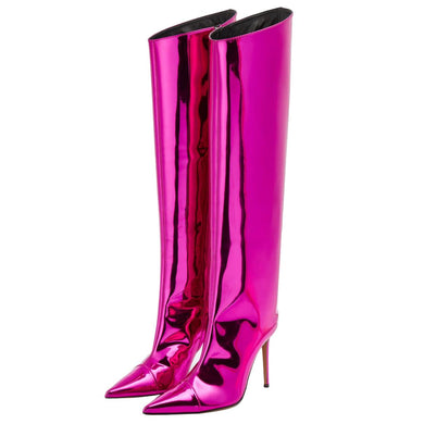 Fuchsia Fashion Forward Metallic Knee High Stiletto Boots