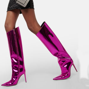 Fuchsia Fashion Forward Metallic Knee High Stiletto Boots
