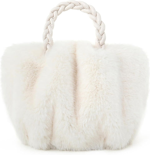 Luxuriously Soft Braided Handle Faux Fur White Handbag